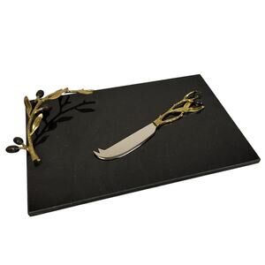 Michael Aram Brass Olive Branch Cheese Board w/ Knife Granite Gold Luxury EUC